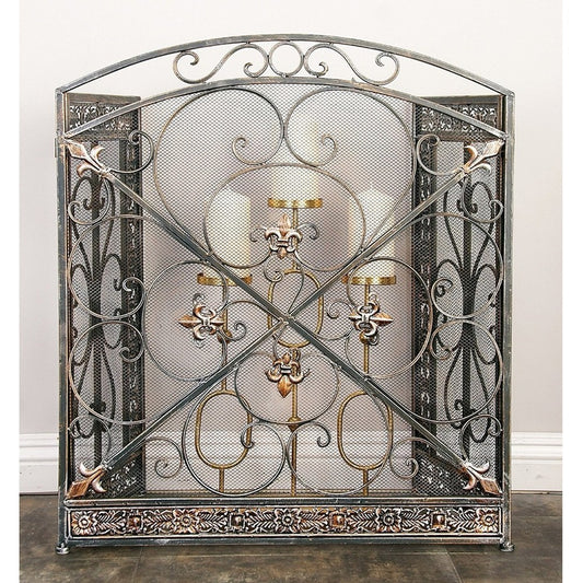 Traditional 3 Panel Metal Fire Screen With Filigree Design, Bronze, Black