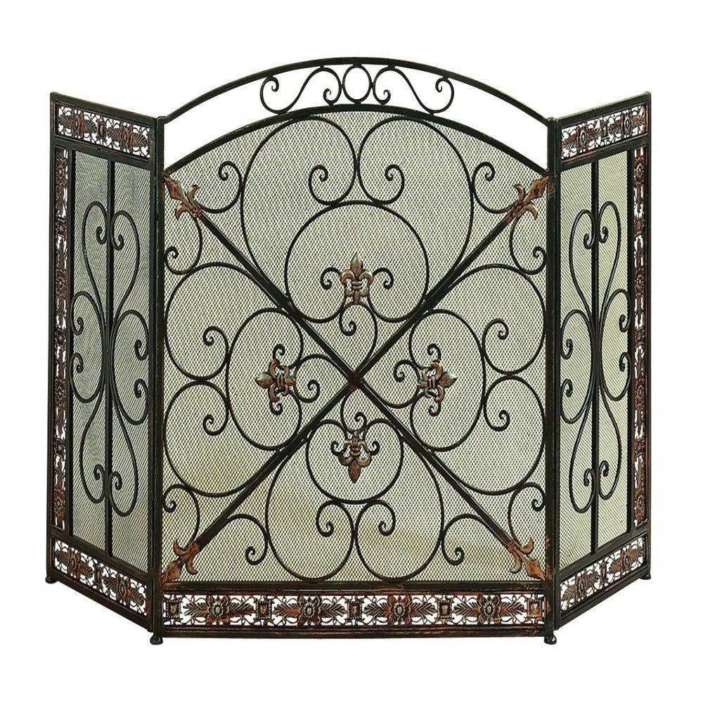 Traditional 3 Panel Metal Fire Screen With Filigree Design Bronze Black The Urban Port BM06168