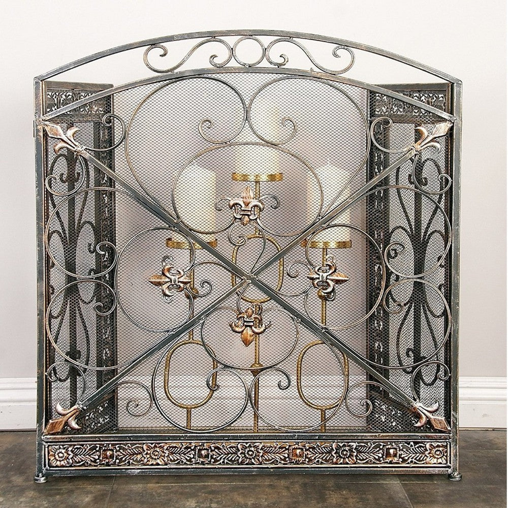 Traditional 3 Panel Metal Fire Screen With Filigree Design Bronze Black The Urban Port BM06168