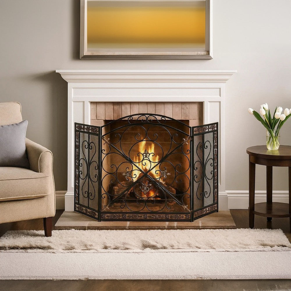 Traditional 3 Panel Metal Fire Screen With Filigree Design Bronze Black The Urban Port BM06168