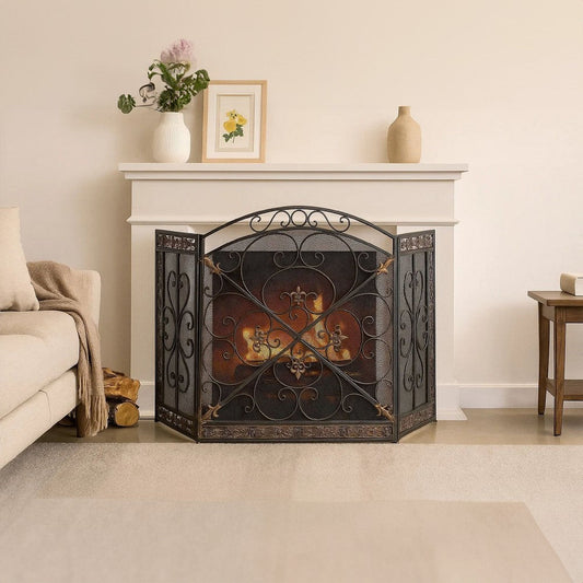 Traditional 3 Panel Metal Fire Screen With Filigree Design, Bronze, Black  The Urban Port