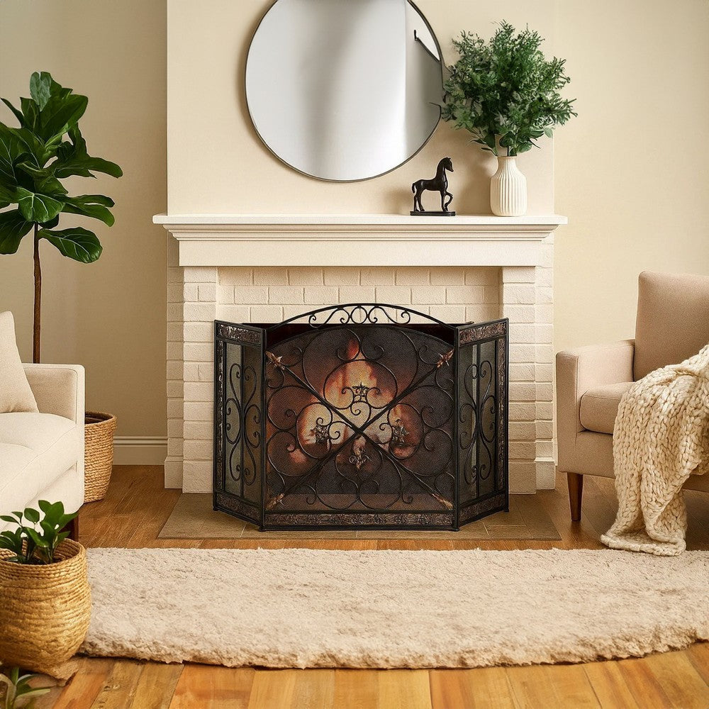 Traditional 3 Panel Metal Fire Screen With Filigree Design Bronze Black The Urban Port BM06168