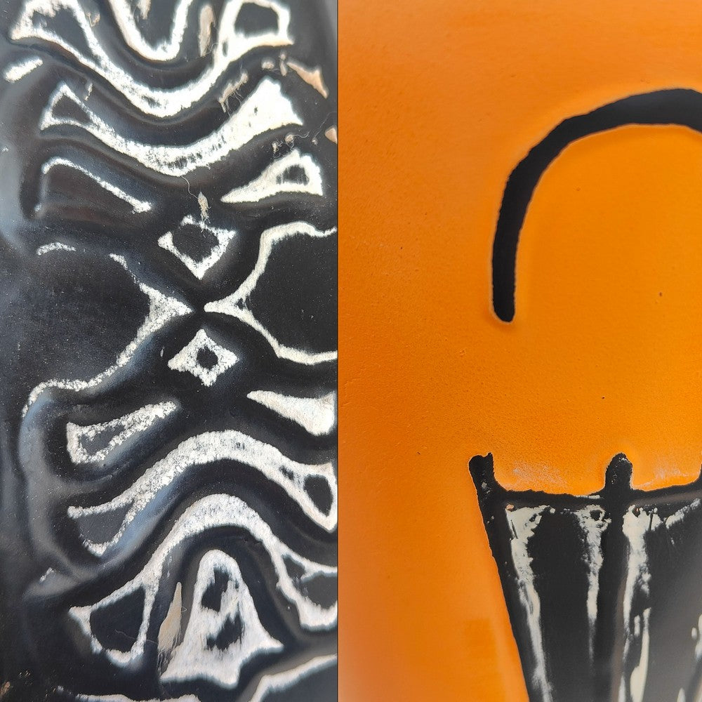 21, 16 Inch Metal Umbrella Stands, Black Engraved Artwork, Set of 2, Orange By The Urban Port