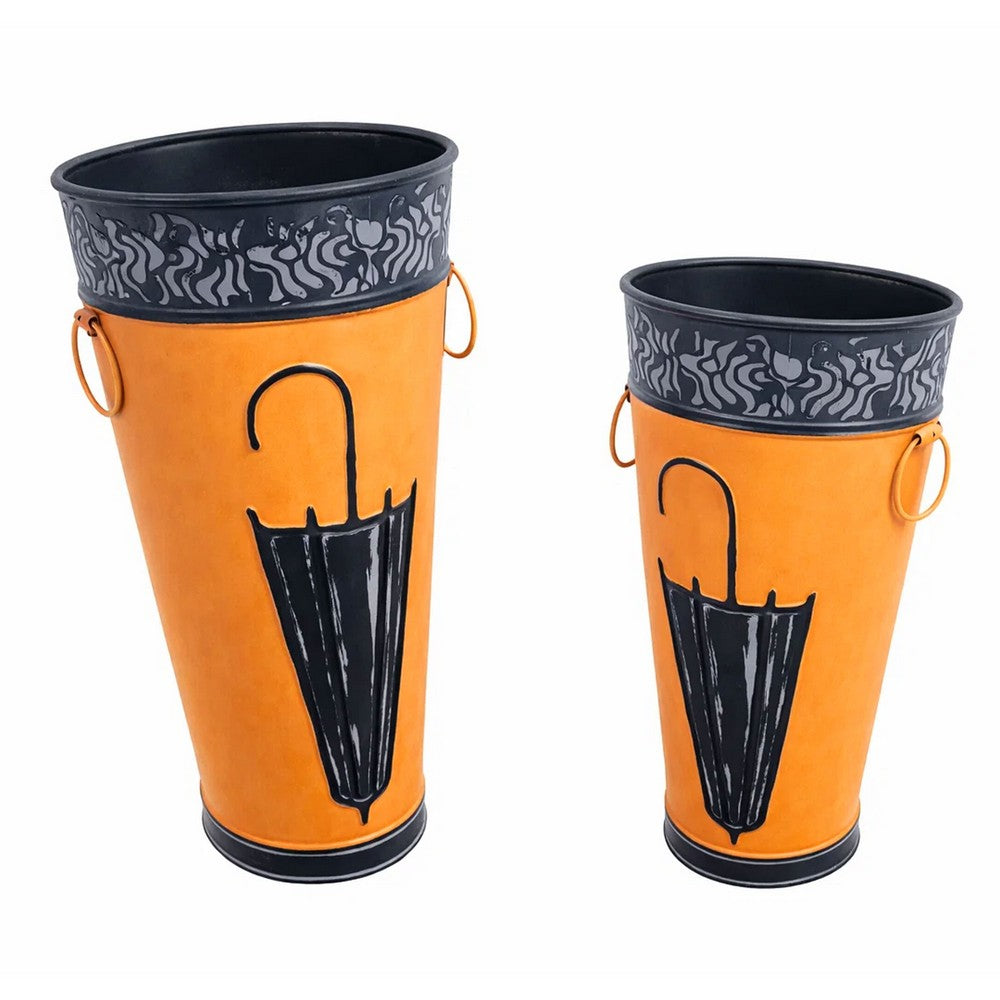 21, 16 Inch Metal Umbrella Stands, Black Engraved Artwork, Set of 2, Orange By The Urban Port