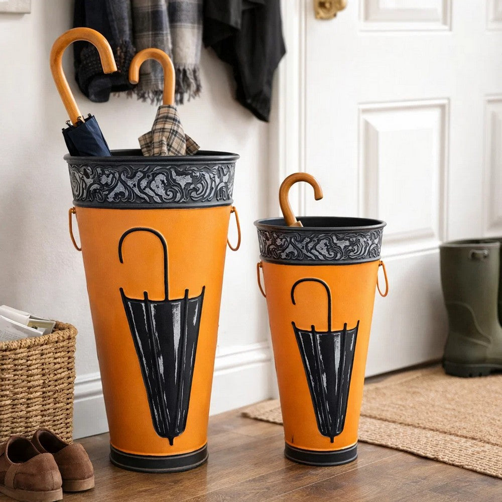 21, 16 Inch Metal Umbrella Stands, Black Engraved Artwork, Set of 2, Orange By The Urban Port