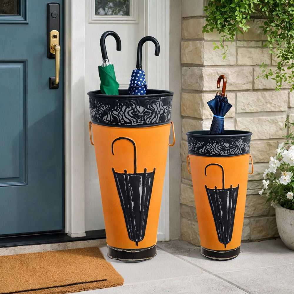 21, 16 Inch Metal Umbrella Stands, Black Engraved Artwork, Set of 2, Orange By The Urban Port