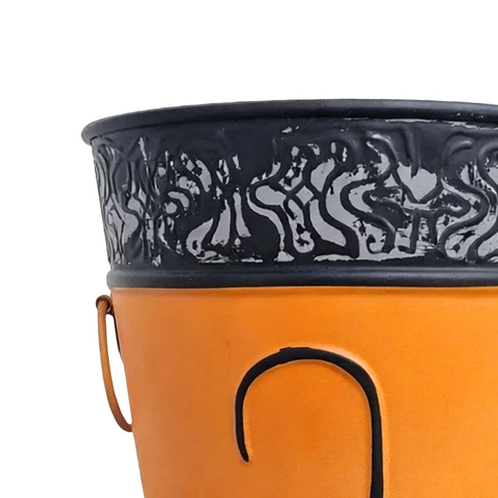 21, 16 Inch Metal Umbrella Stands, Black Engraved Artwork, Set of 2, Orange By The Urban Port