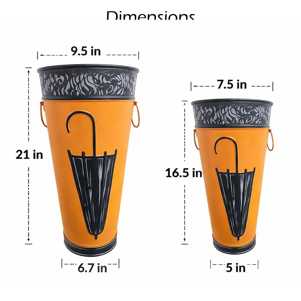 21, 16 Inch Metal Umbrella Stands, Black Engraved Artwork, Set of 2, Orange By The Urban Port