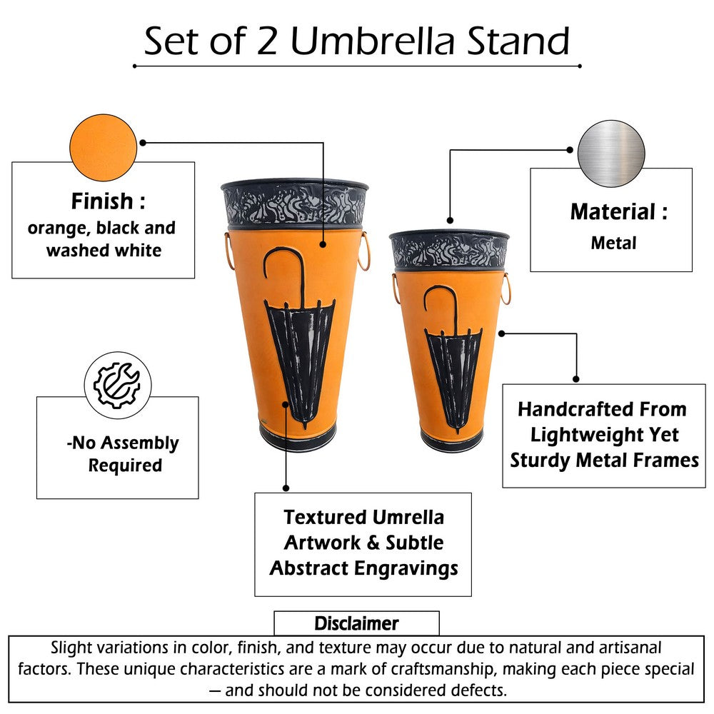 21, 16 Inch Metal Umbrella Stands, Black Engraved Artwork, Set of 2, Orange By The Urban Port