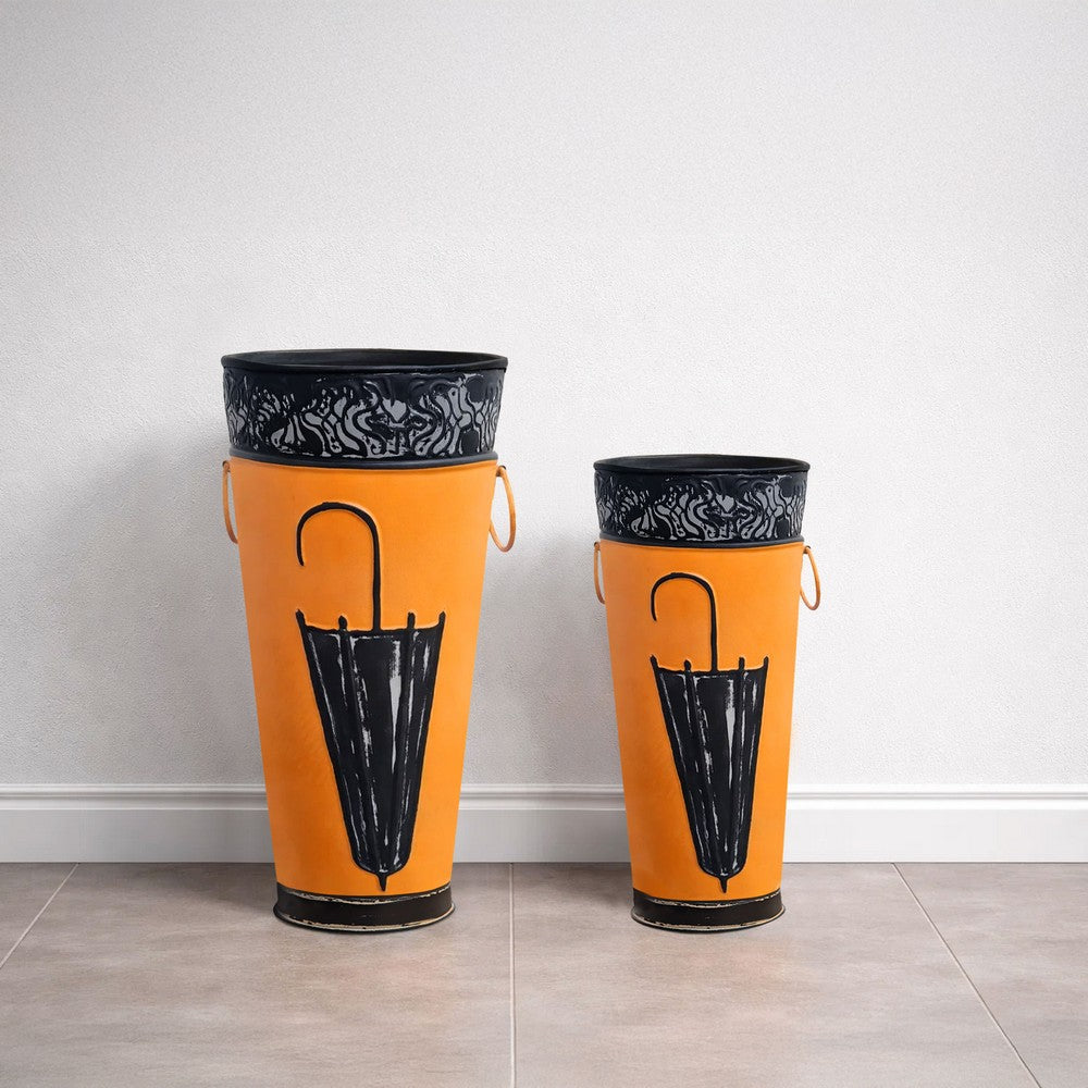 21, 16 Inch Metal Umbrella Stands, Black Engraved Artwork, Set of 2, Orange By The Urban Port