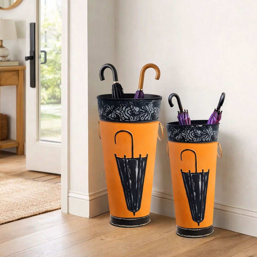21, 16 Inch Metal Umbrella Stands, Black Engraved Artwork, Set of 2, Orange By The Urban Port