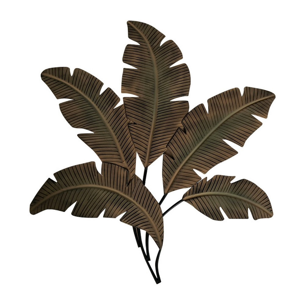 35 Inch Tropical Metal Palm Leaf Wall Mount Accent Decor, Brushed Green, Antique Yellow, Black By Benzara