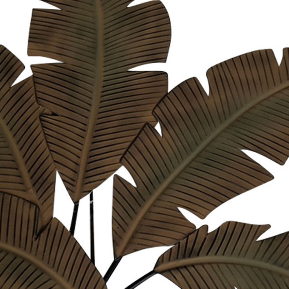 35 Inch Tropical Metal Palm Leaf Wall Mount Accent Decor, Brushed Green, Antique Yellow, Black By Benzara