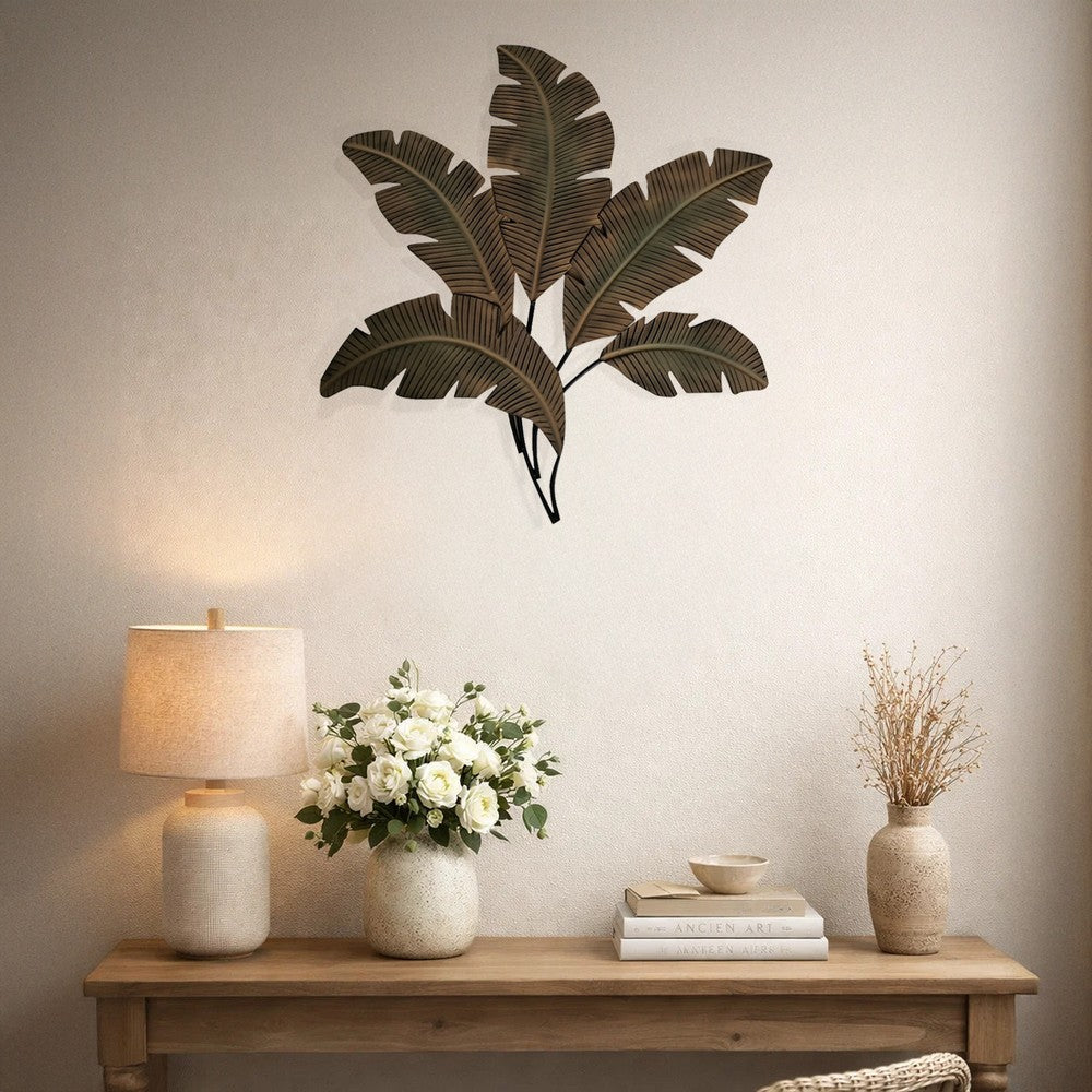 35 Inch Tropical Metal Palm Leaf Wall Mount Accent Decor, Brushed Green, Antique Yellow, Black By Benzara