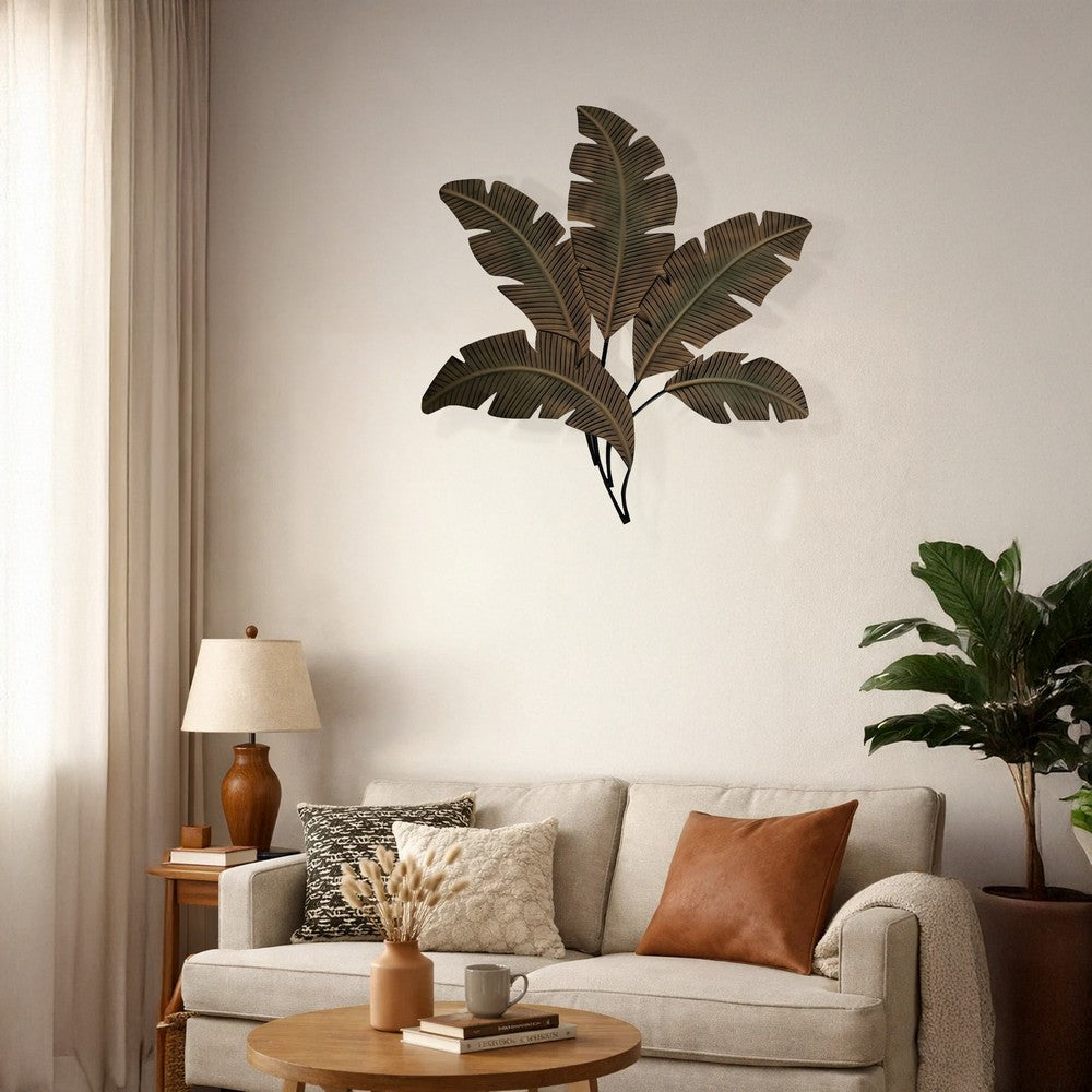 35 Inch Tropical Metal Palm Leaf Wall Mount Accent Decor, Brushed Green, Antique Yellow, Black By Benzara