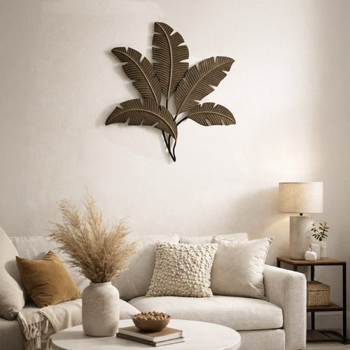 35 Inch Tropical Metal Palm Leaf Wall Mount Accent Decor, Brushed Green, Antique Yellow, Black By Benzara