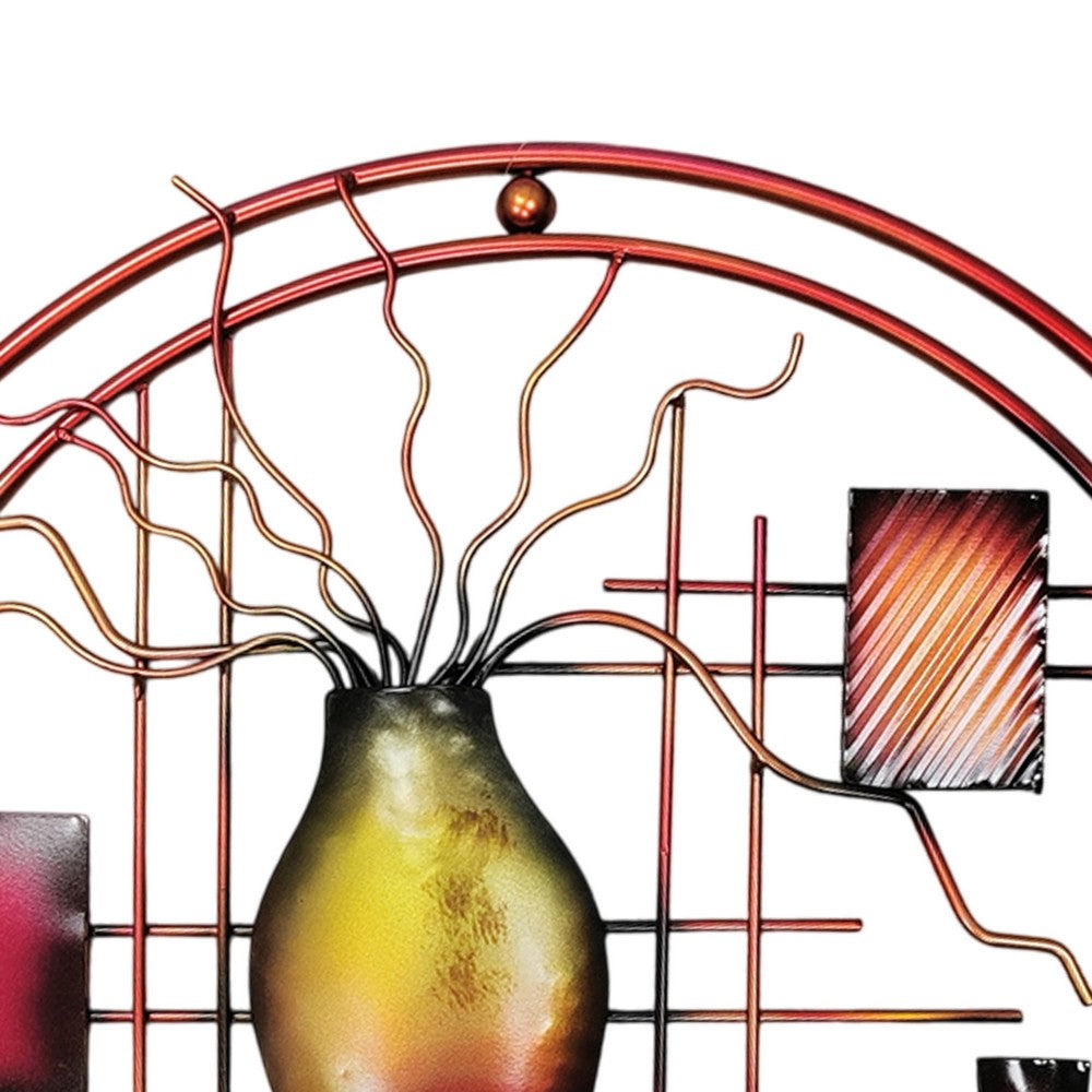 22 Inch Round Metal Wall Decor With Vase, Multicolor By Benzara