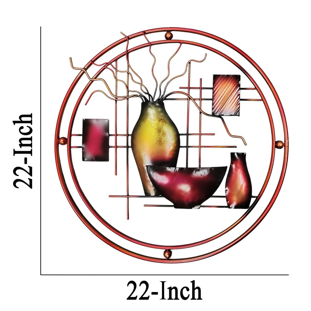 22 Inch Round Metal Wall Decor With Vase, Multicolor By Benzara