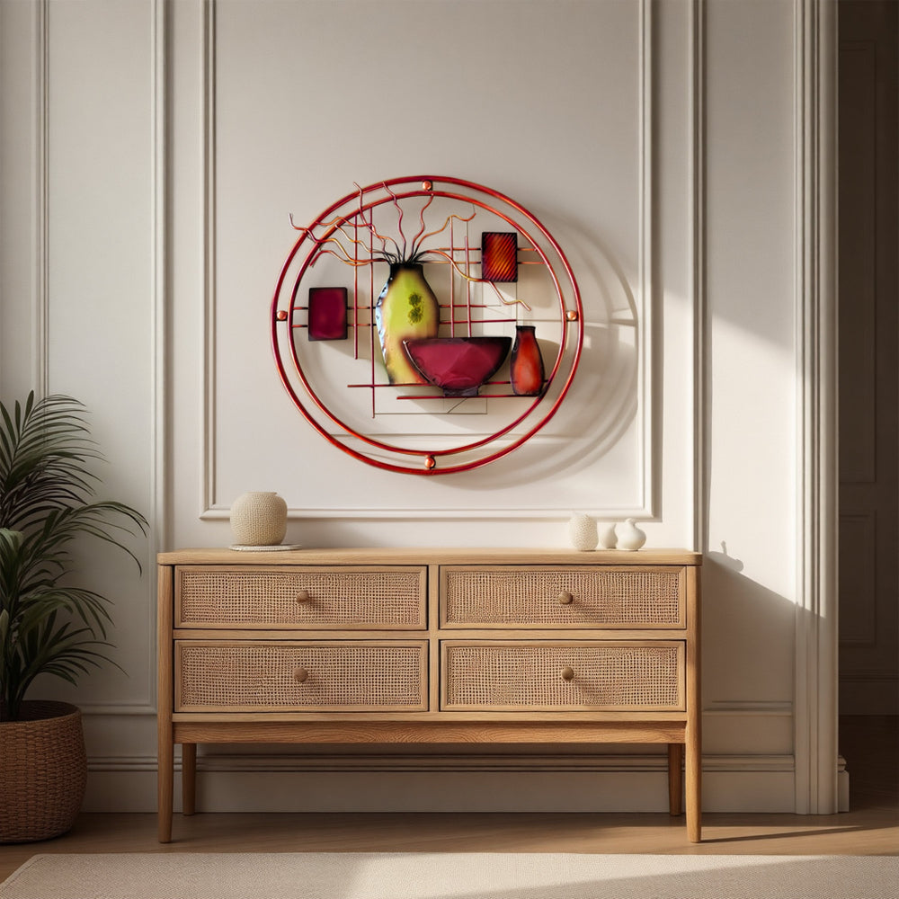 22 Inch Round Metal Wall Decor With Vase Multicolor By Benzara 97997