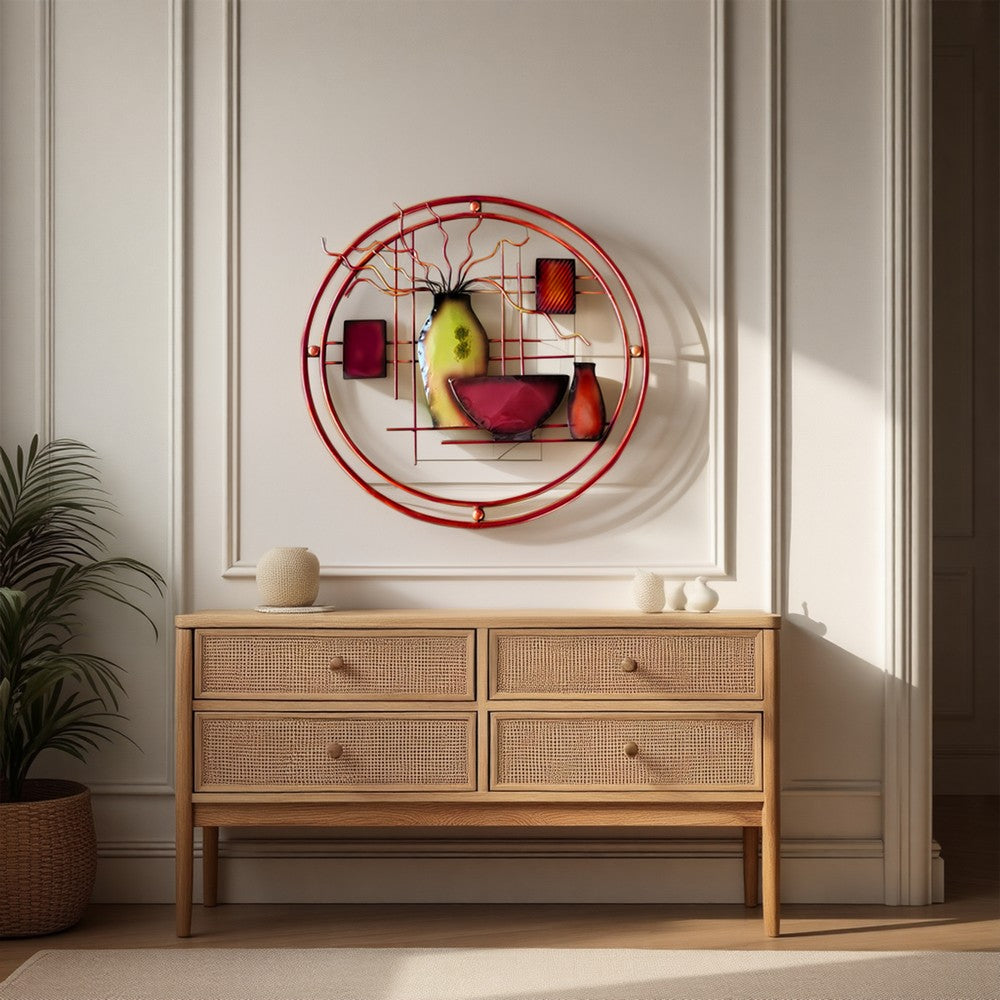 22 Inch Round Metal Wall Decor With Vase, Multicolor By Benzara