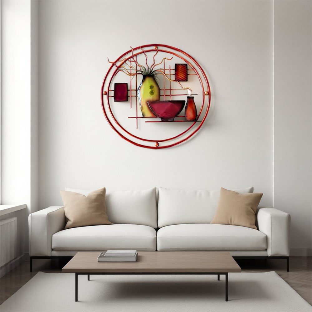 22 Inch Round Metal Wall Decor With Vase, Multicolor By Benzara