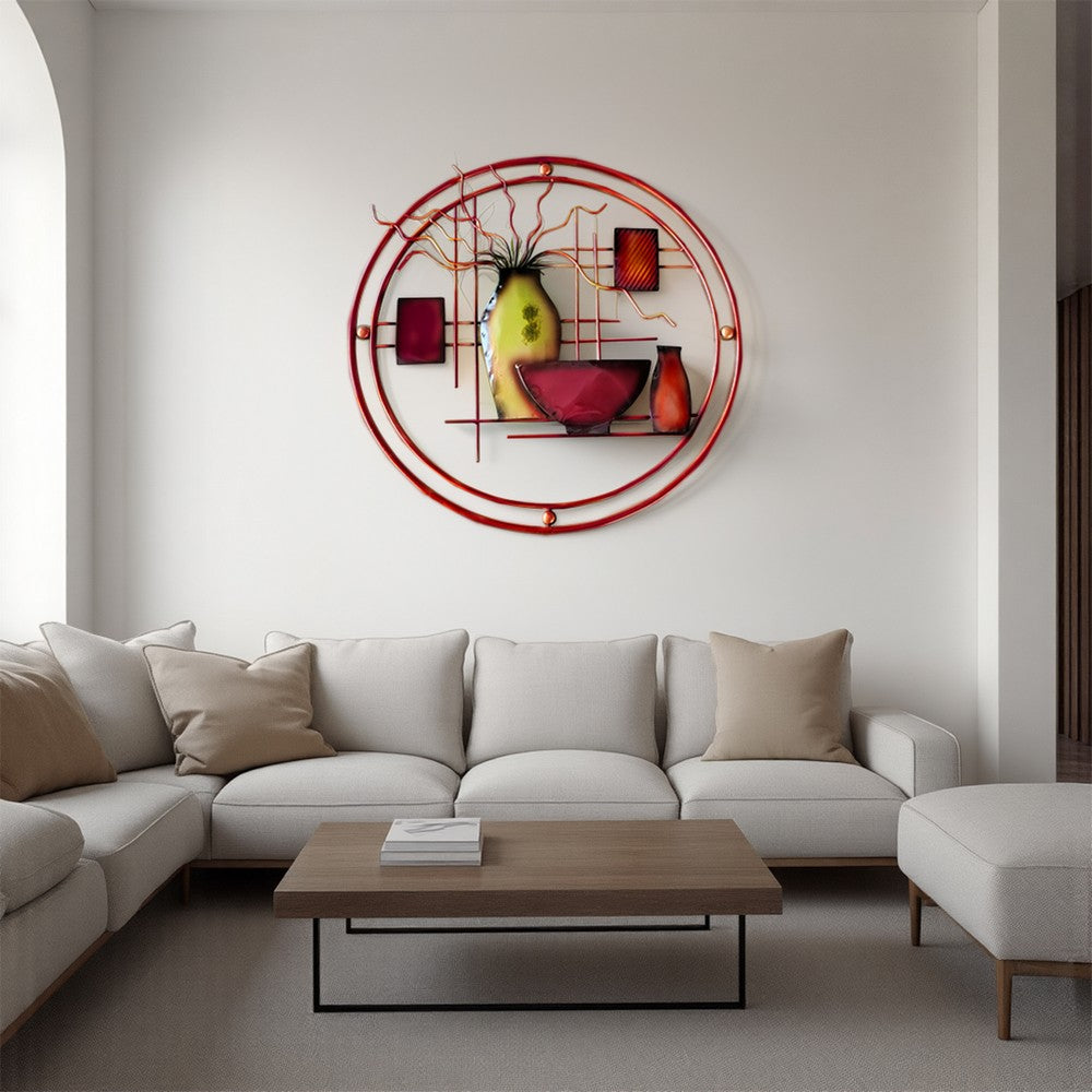 22 Inch Round Metal Wall Decor With Vase, Multicolor By Benzara