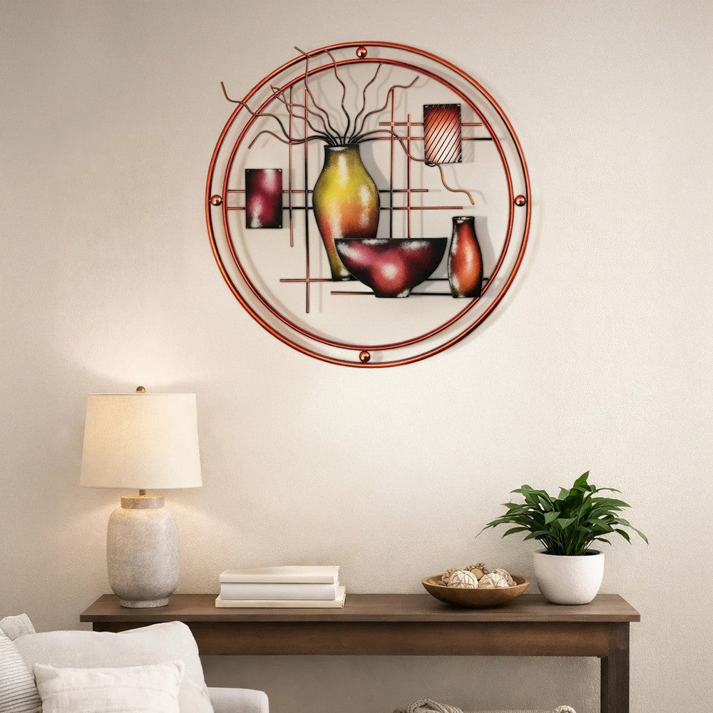 22 Inch Round Metal Wall Decor With Vase, Multicolor By Benzara