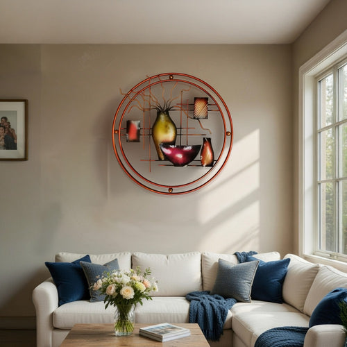 22 Inch Round Metal Wall Decor With Vase, Multicolor By Benzara