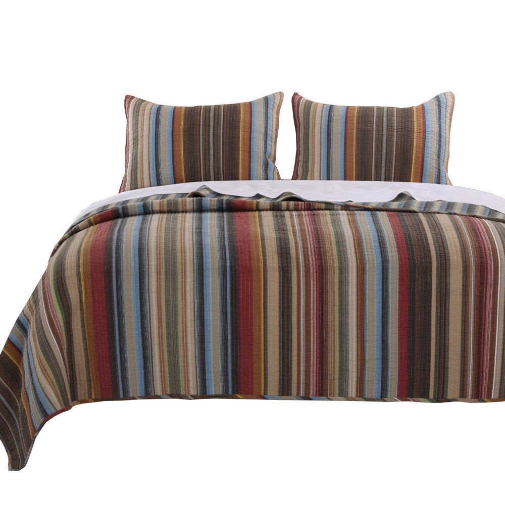 Phoenix Fabric 3 Piece Queen Size Quilt Set with Striped Prints, Multicolor By Casagear Home