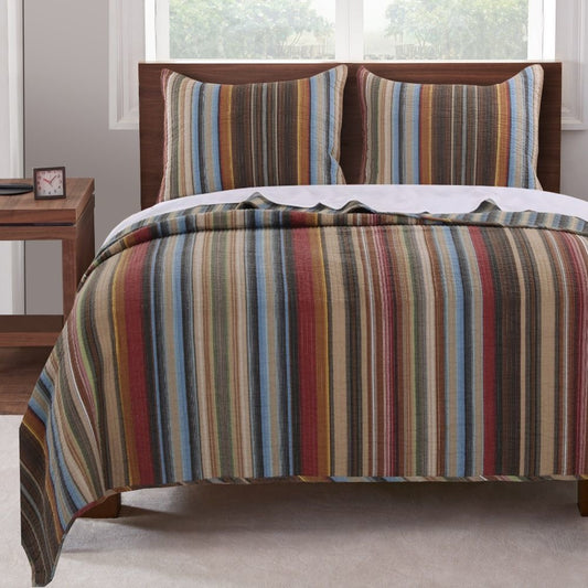 Phoenix Fabric 3 Piece King Size Quilt Set with Striped Prints, Multicolor By Casagear Home