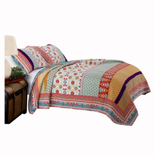 Geometric and Floral Print Twin Size Quilt Set with 1 Sham, Multicolor By Casagear Home