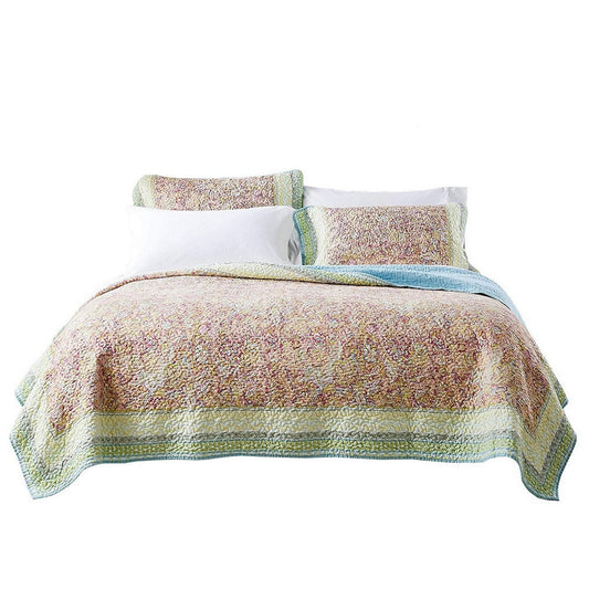 Denver 3 Piece King Cotton Quilt Set with Fern Branches Print, Multicolor By Casagear Home
