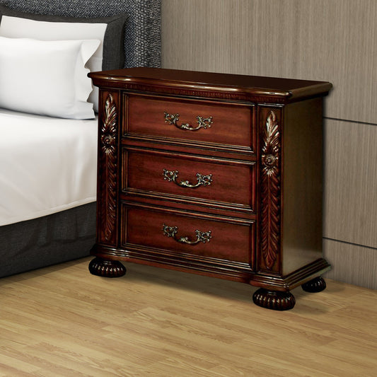 29 Inch Handcrafted Vintage Style Nightstand 3 Drawers Carved Trim Cherry Brown Wood The Urban Port BM123241