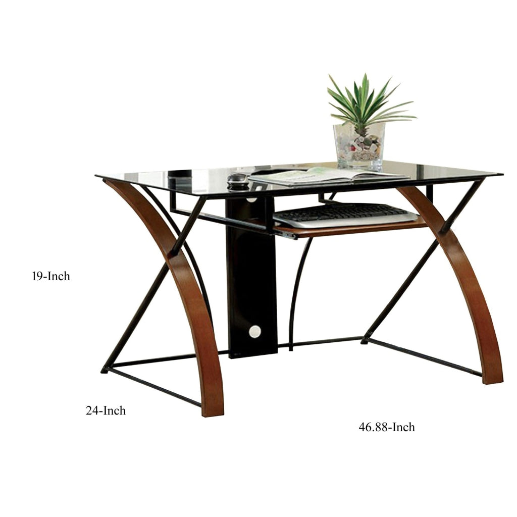 Glass Top Computer Desk with Z Shaped Metal Legs, Brown and Black By Casagear Home