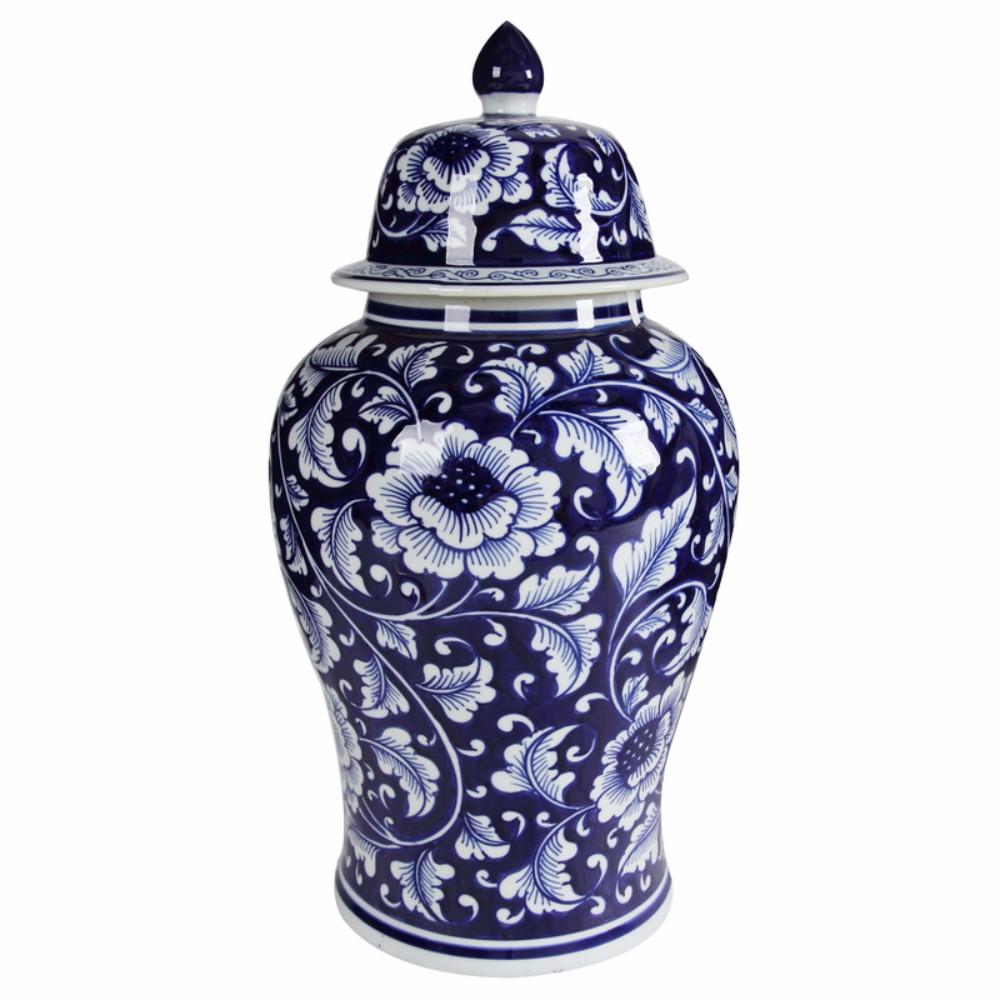 Floral Design Ginger Jar with Lid, Blue and White - BM145820