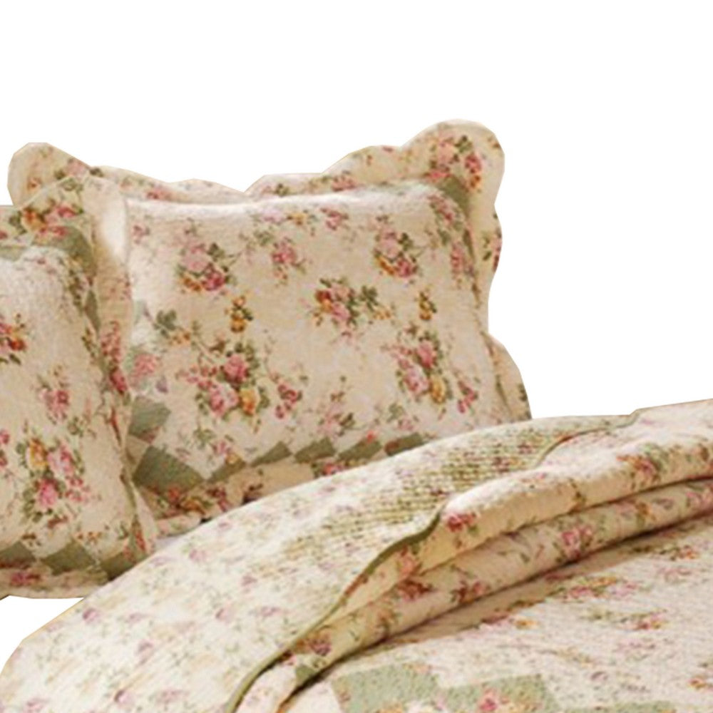 Denali 3 Piece Fabric King Size Quilt Set with Floral Prints, Multicolor By Casagear Home