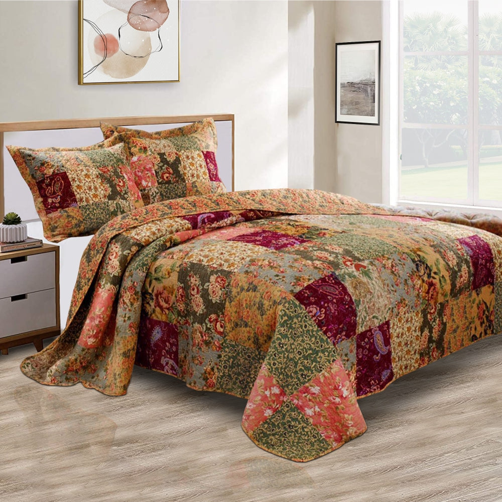 Kamet 3 Piece Fabric King Size Quilt Set with Floral Prints, Multicolor By Casagear Home