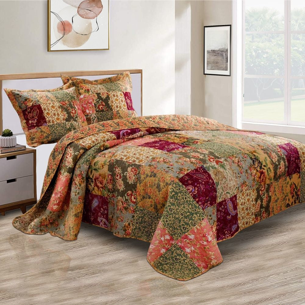 Kamet 2 Piece Fabric Twin Size Quilt Set with Floral Prints, Multicolor By Casagear Home