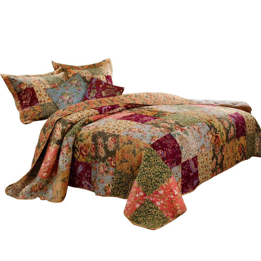 Kamet 5 Piece Fabric King Size Quilt Set with Floral Prints, Multicolor By Casagear Home