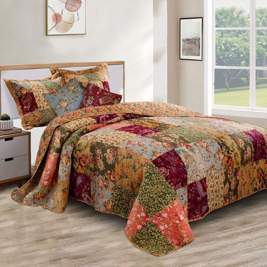 Kamet 5 Piece Fabric Queen Size Quilt Set with Floral Prints, Multicolor By Casagear Home