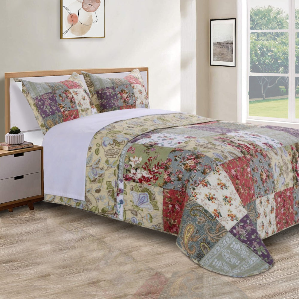 Eiger 3 Piece Fabric King Size Quilt Set with Jacobean Prints, Multicolor By Casagear Home