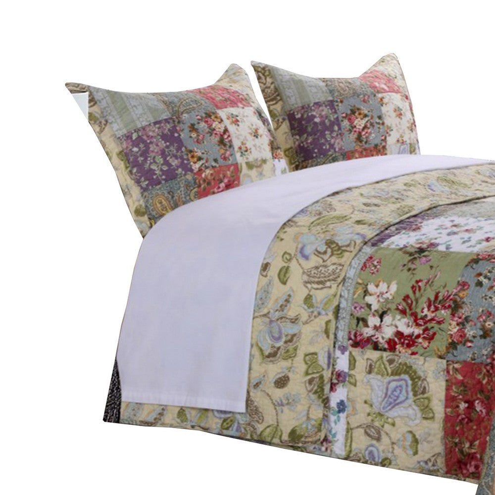 Eiger 3 Piece Fabric Queen Size Quilt Set with Jacobean Prints Multicolor By Casagear Home BM14948