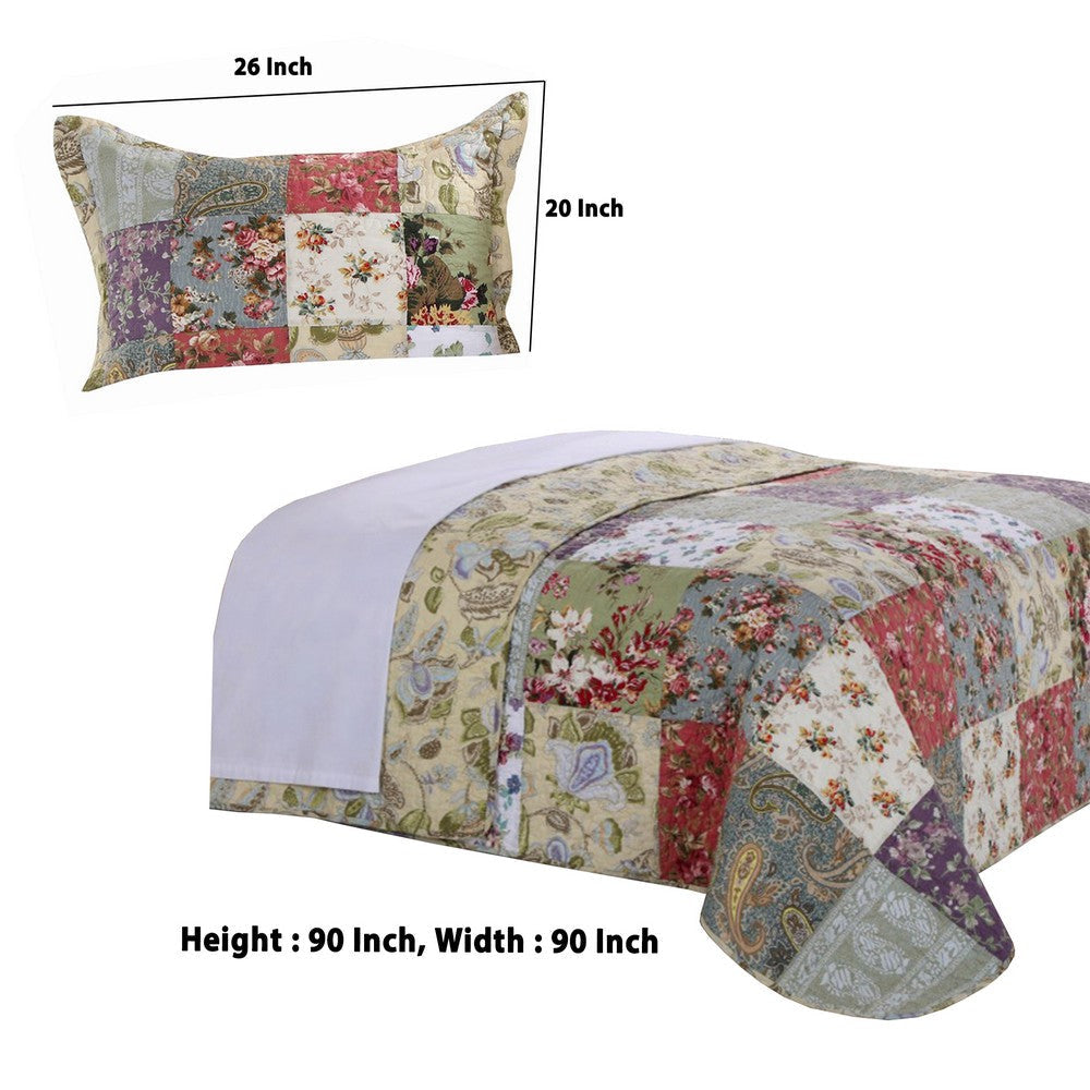 Eiger 3 Piece Fabric Queen Size Quilt Set with Jacobean Prints Multicolor By Casagear Home BM14948