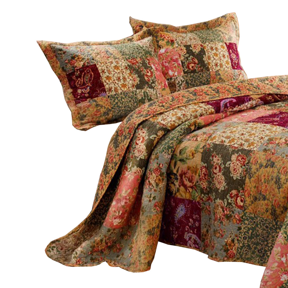 Kamet 3 Piece Fabric Full Size Bedspread Set with Floral Prints, Multicolor By Casagear Home