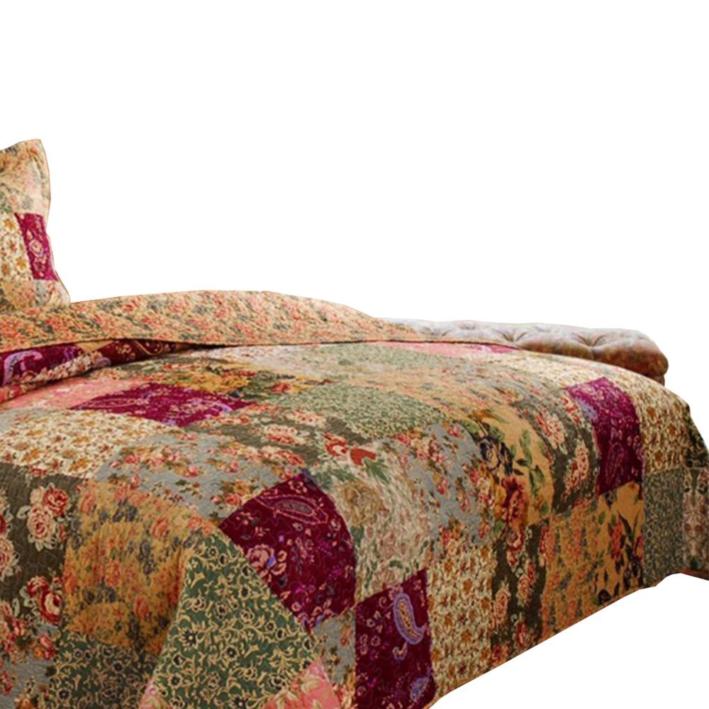 Kamet 3 Piece Fabric King Size Bedspread Set with Floral Prints Multicolor By Casagear Home BM14955