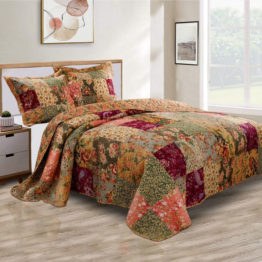 Kamet 3 Piece Fabric King Size Bedspread Set with Floral Prints, Multicolor By Casagear Home