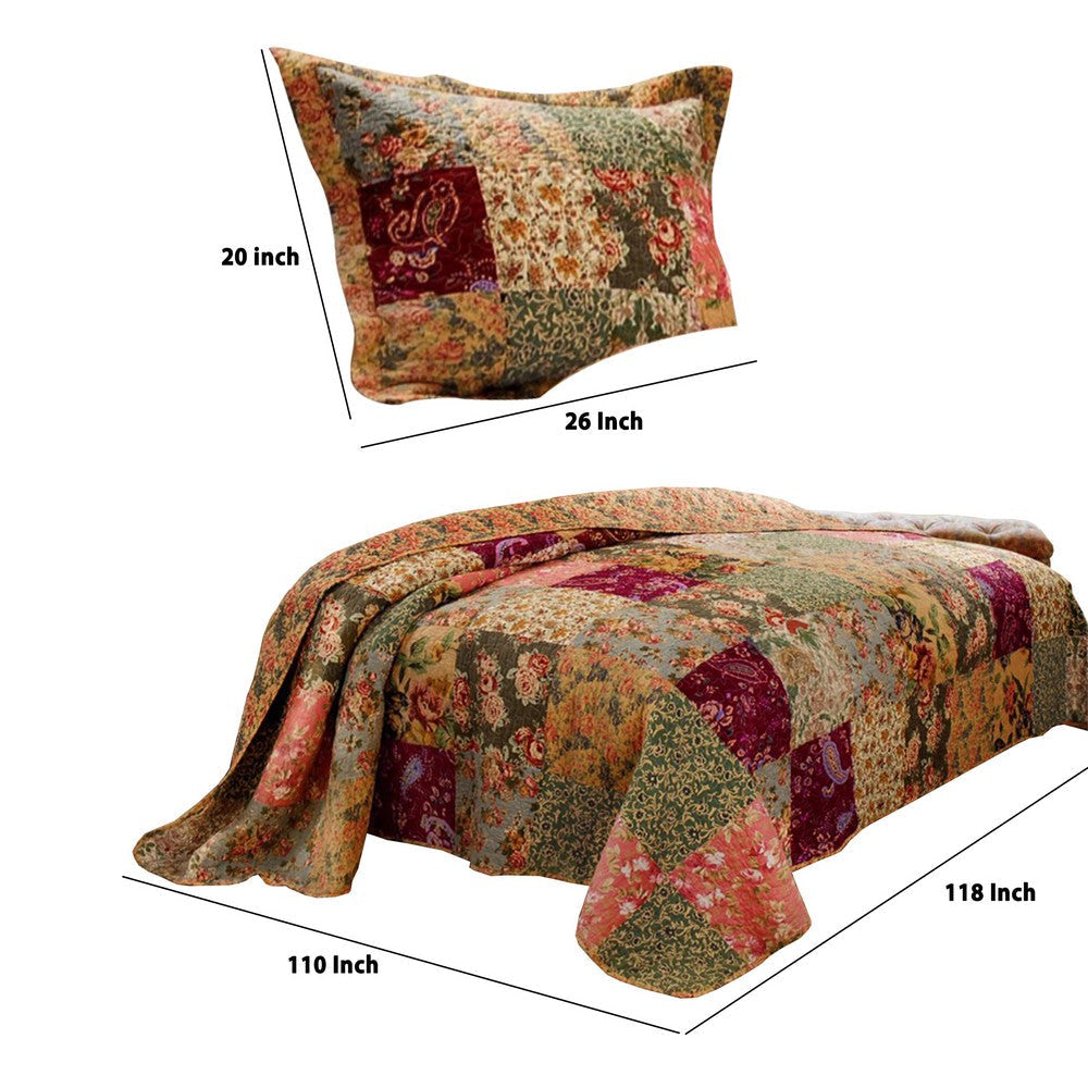 Kamet 3 Piece Fabric Queen Size Bedspread Set with Floral Prints,Multicolor By Casagear Home