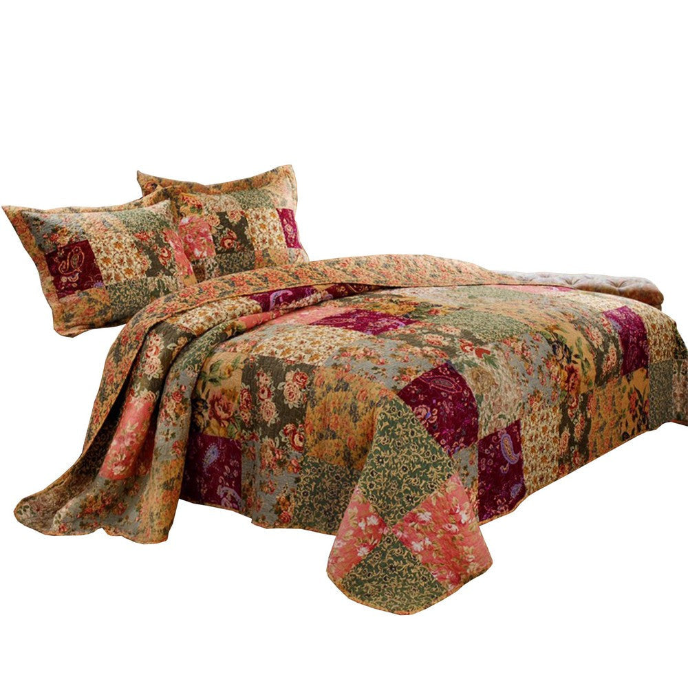 Kamet 3 Piece Queen Size Bedspread Set | Floral Prints | Multicolor