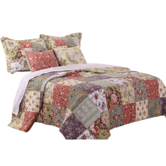 Chicago 5 Piece Fabric Queen Size Quilt Set with Jacobean Prints,Multicolor By Casagear Home