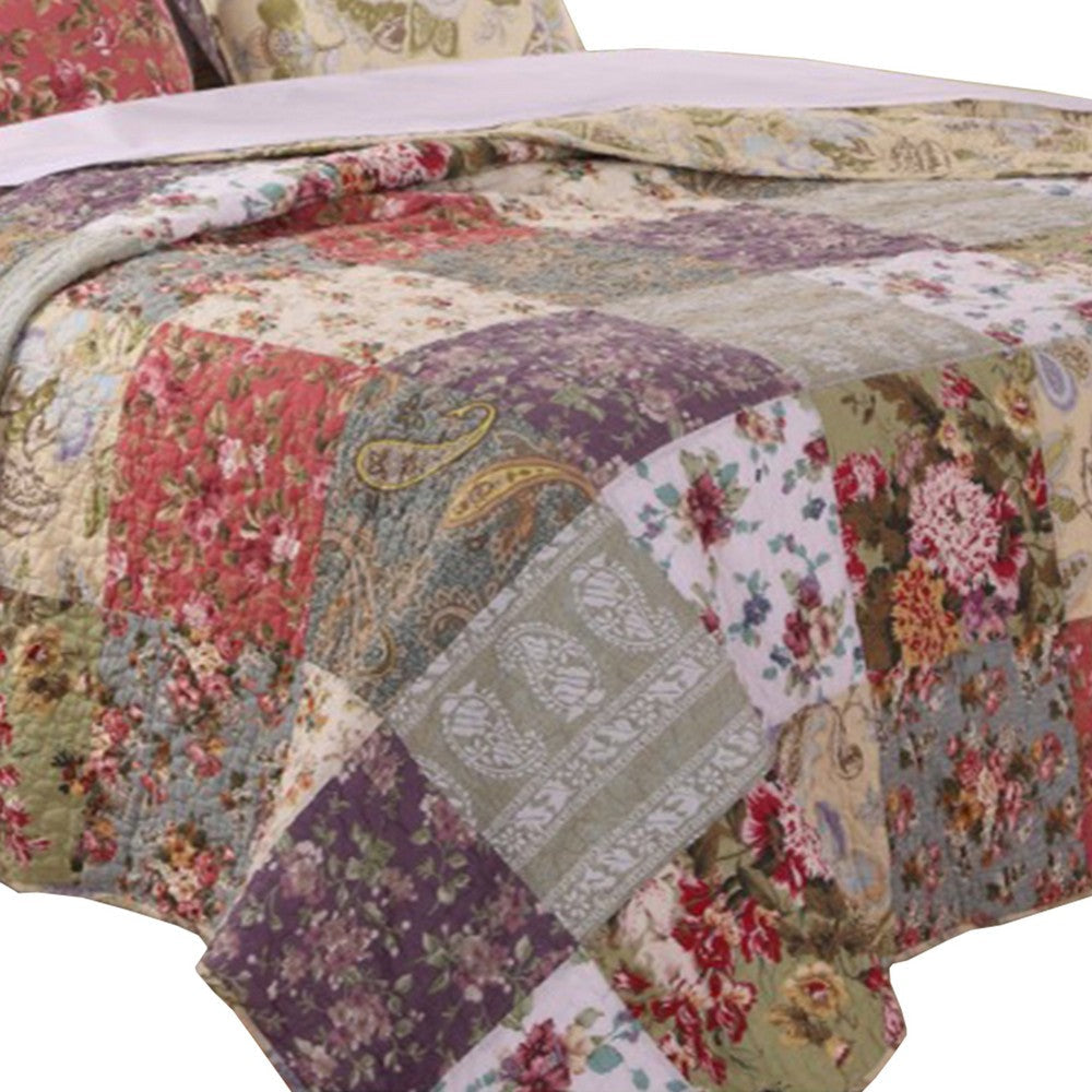 Chicago 5 Piece Fabric Queen Size Quilt Set with Jacobean Prints,Multicolor By Casagear Home